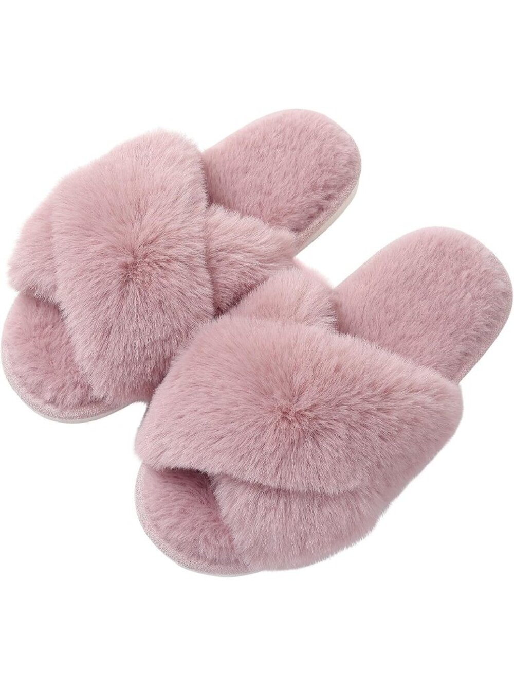 Women Dusty Pink Faux Fur Memory Foam Fuzzy House Slipper Soft Open-Toe Slippers